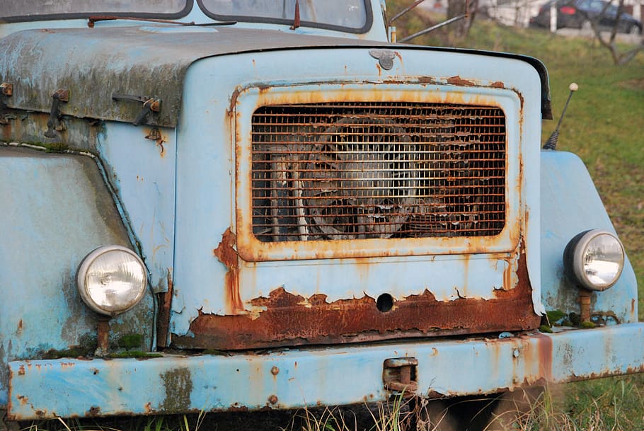 old, car, oldtimer, truck, blue, rusty, front side, damaged HD wallpaper