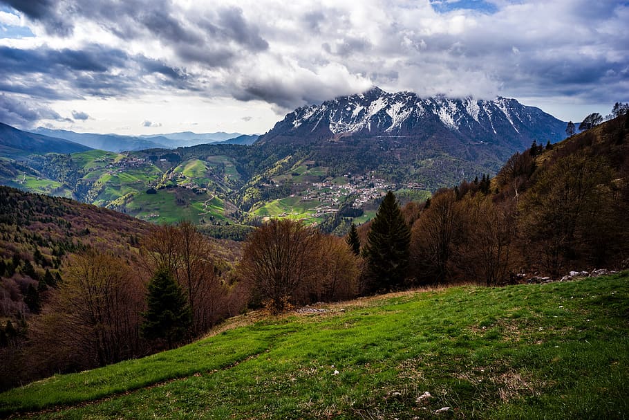 green, grass, summit, peak, ridge, blue, sky, cloud, nature HD wallpaper