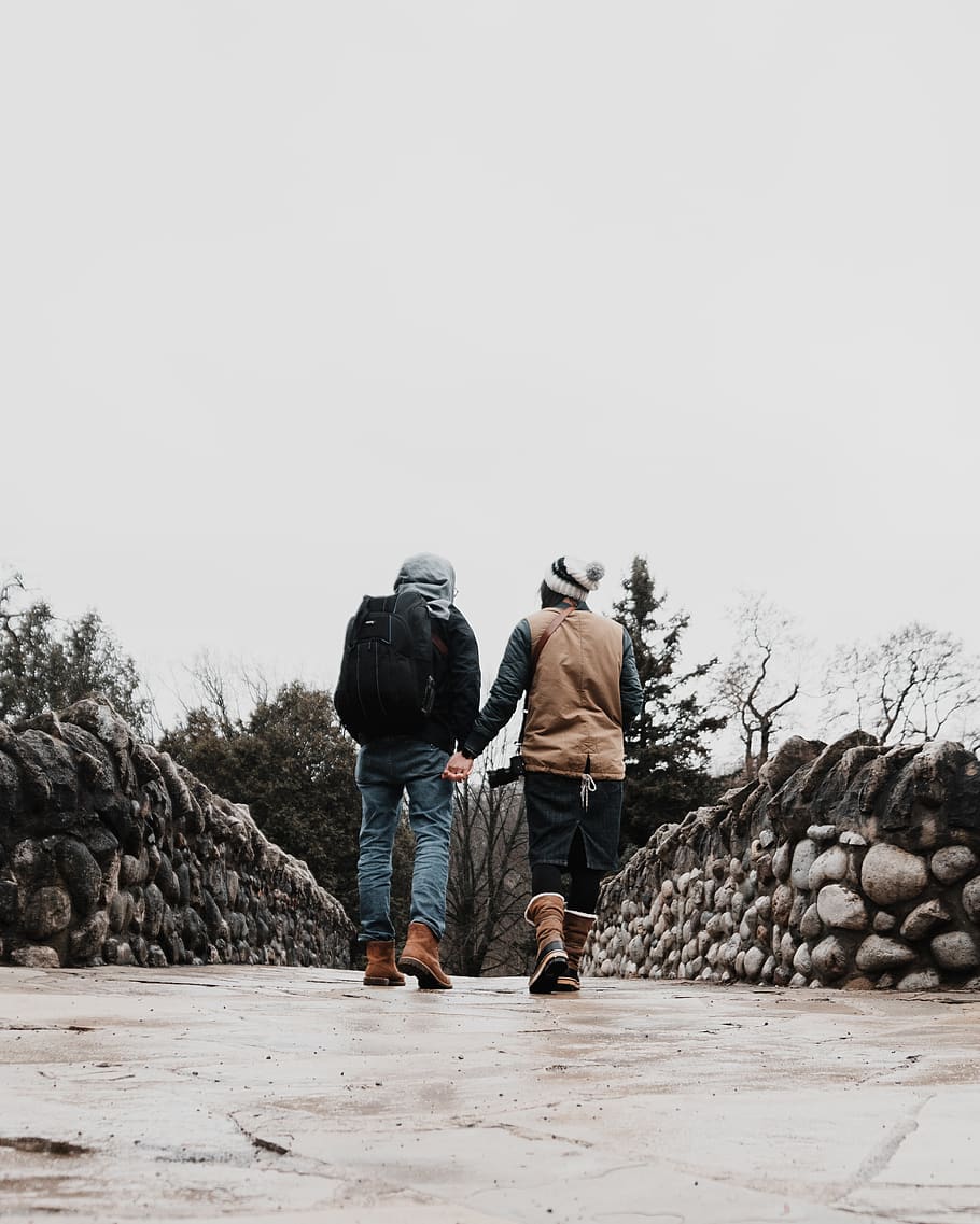 two people walking during daytime, apparel, clothing, shoe, footwear HD wallpaper