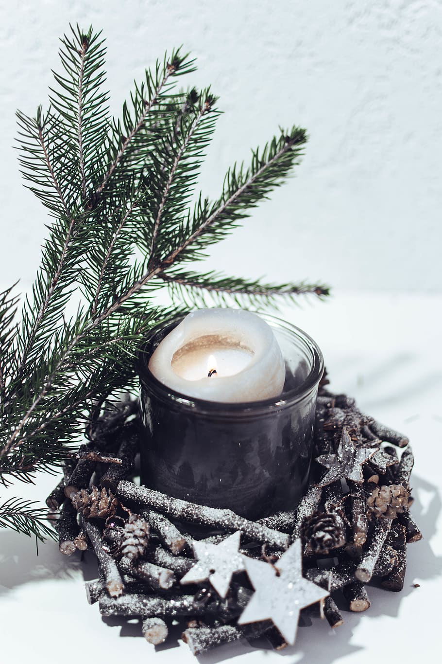 white pillar candle, plant, tree, ornament, christmas tree, abies HD wallpaper