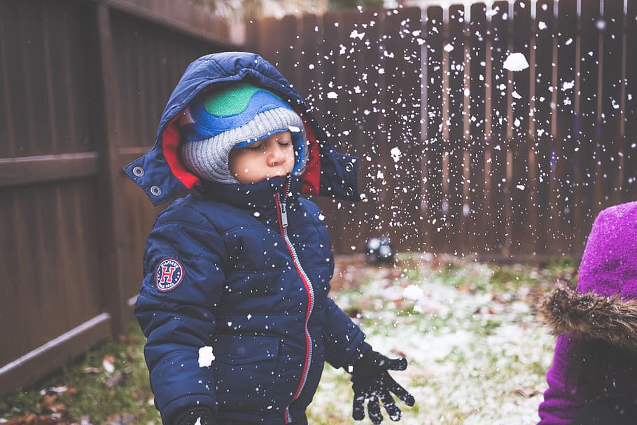 Toddler in Blue Zip-up Bubble Hoodie, action shot, backyard, child HD wallpaper