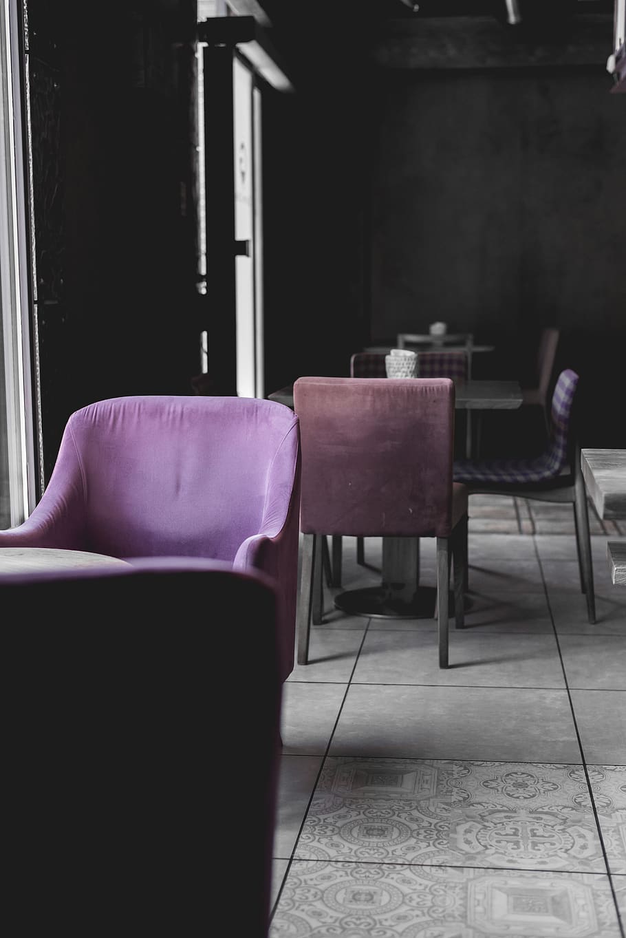 purple sofa chair, seat, indoors, absence, no people, empty, business HD wallpaper