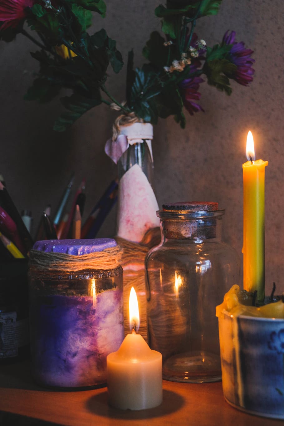 cozy, table, place, candle, bottle, burning, flame, fire, illuminated HD wallpaper