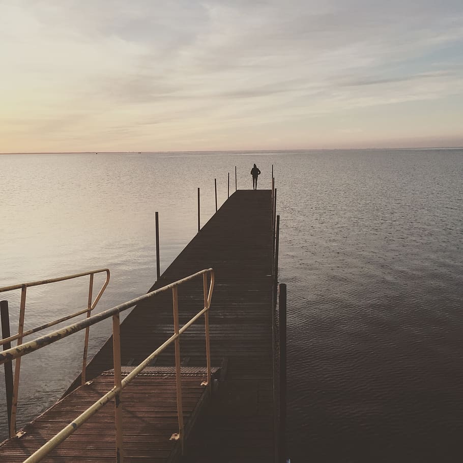 person on port, sea, water, banister, handrail, outdoors, coast HD wallpaper