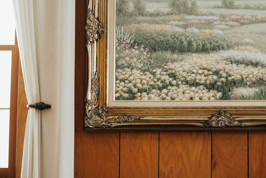 flowers in graden painting, indoors, window, wood - material, HD wallpaper