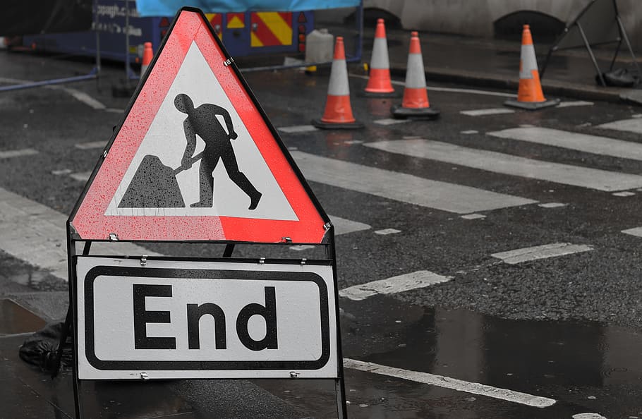End sign, road sign, symbol, person, human, tarmac, asphalt, triangle HD wallpaper