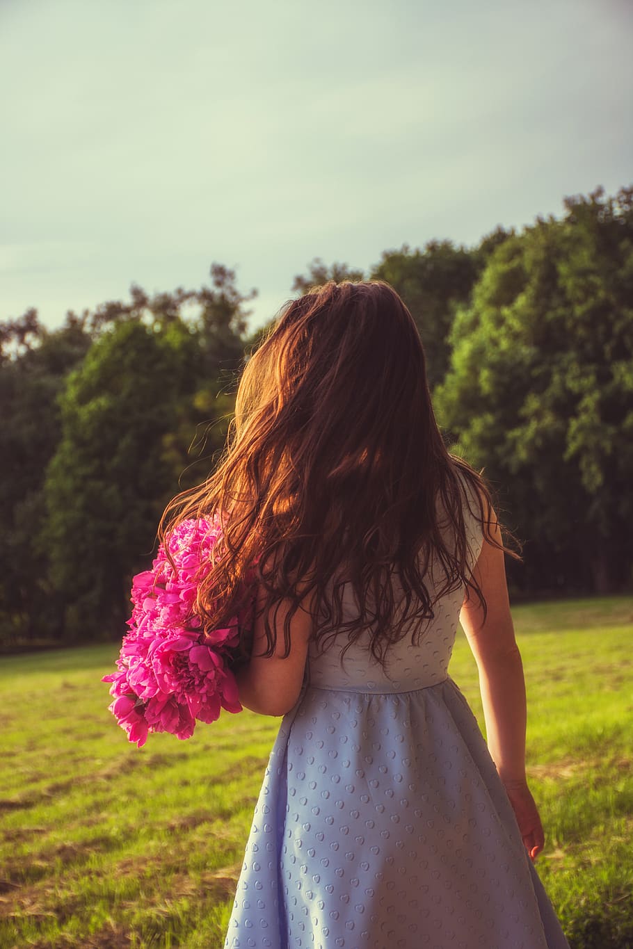 bouquet, peony, summer, light, sunlight, hair, hairstyle, curlyhair HD wallpaper