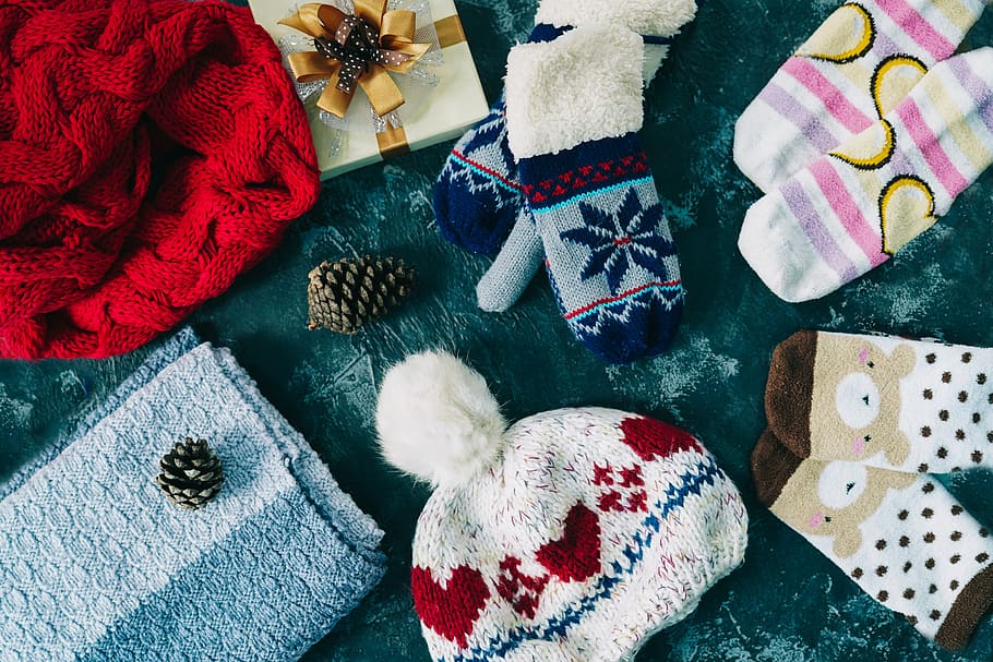 assorted socks and knit caps, high angle view, textile, indoors HD wallpaper