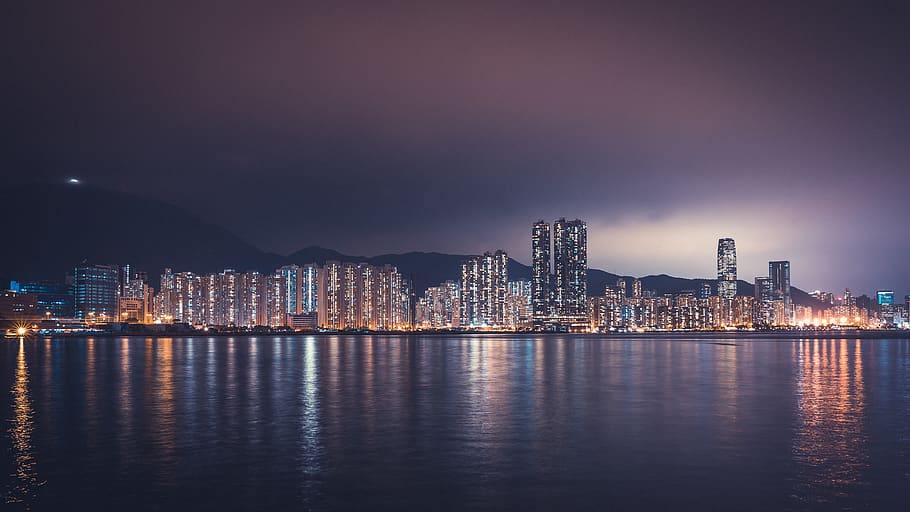 night cityscape, downtown, building, urban, hong kong, yau tong HD wallpaper