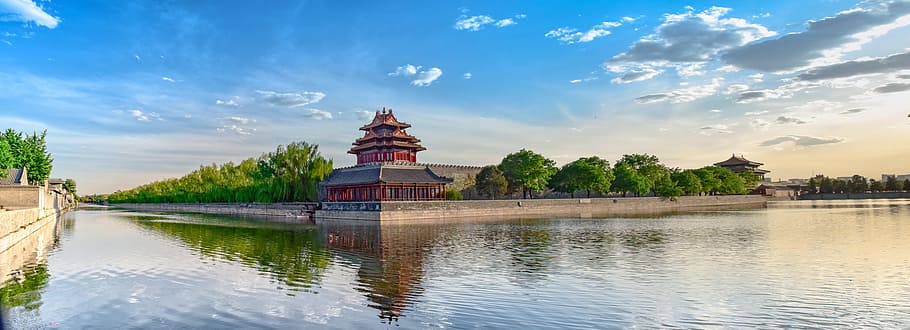 temple, water, reflection, blue, sky, clouds, sunshine, asian HD wallpaper