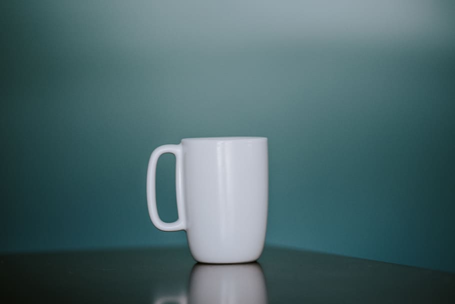 white ceramic mug, cup, indoors, white color, copy space, table HD wallpaper
