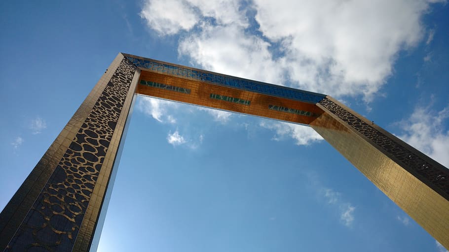 dubai frame, sky, architecture, blue sky, at the court of, travel, HD wallpaper