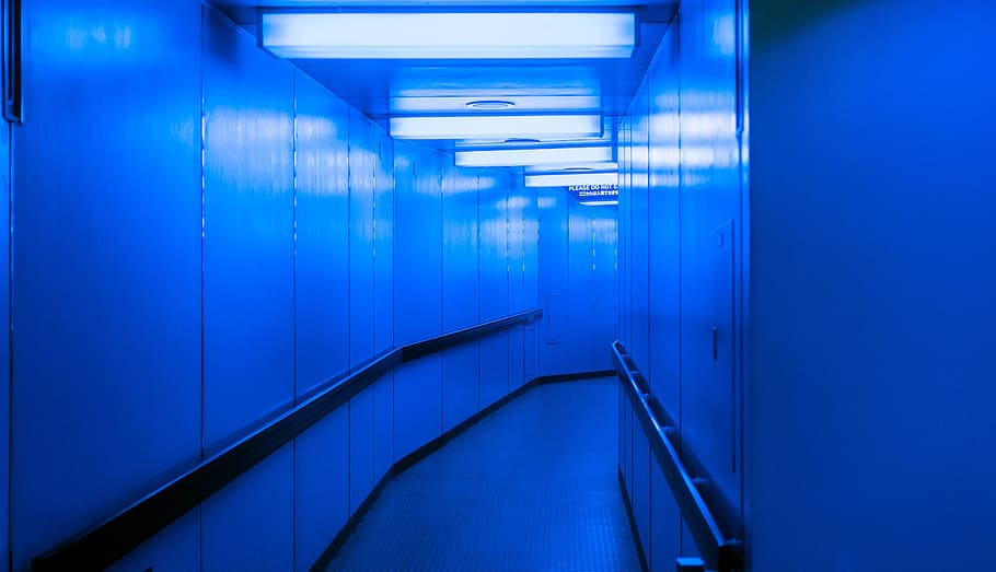 hallway with blue lights on, neon, neon blue, corridor, walking HD wallpaper