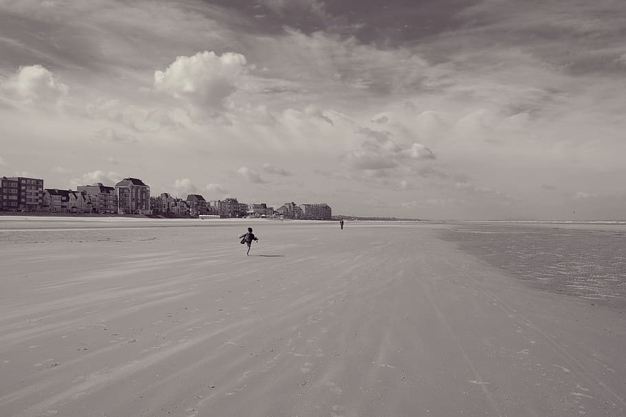 beach, sand, wind, child, sea, sky, cloud - sky, cold temperature HD wallpaper