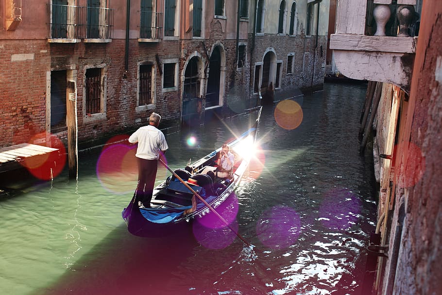 man riding boat, gondola, vessel, transportation, watercraft HD wallpaper