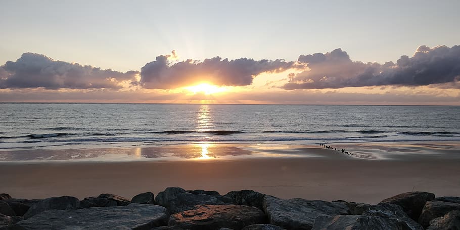 beach, sun, sunset, rock, ocean, sky, water, sea, scenics - nature HD wallpaper