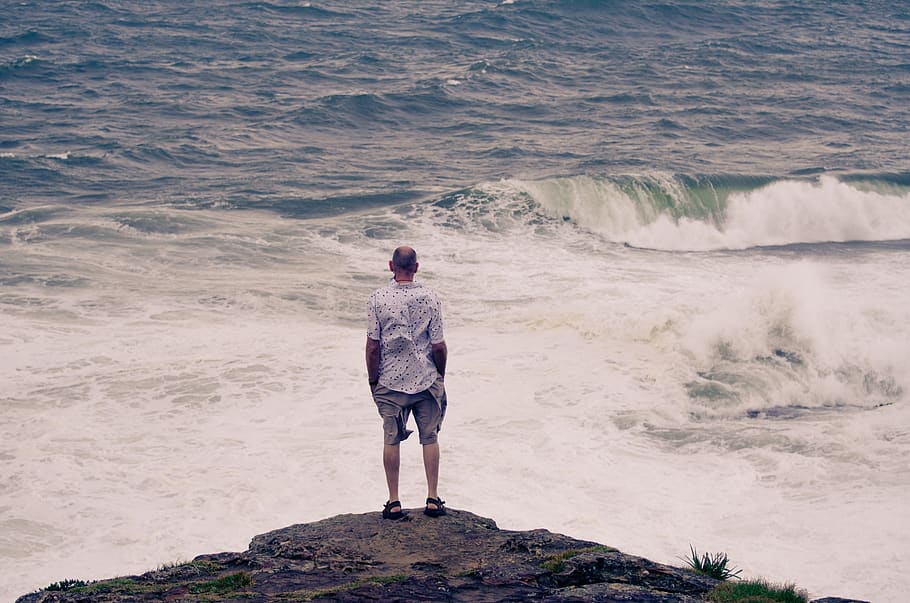 man, rocks, surf, ocean, beach, sea, water, rear view, lifestyles HD wallpaper
