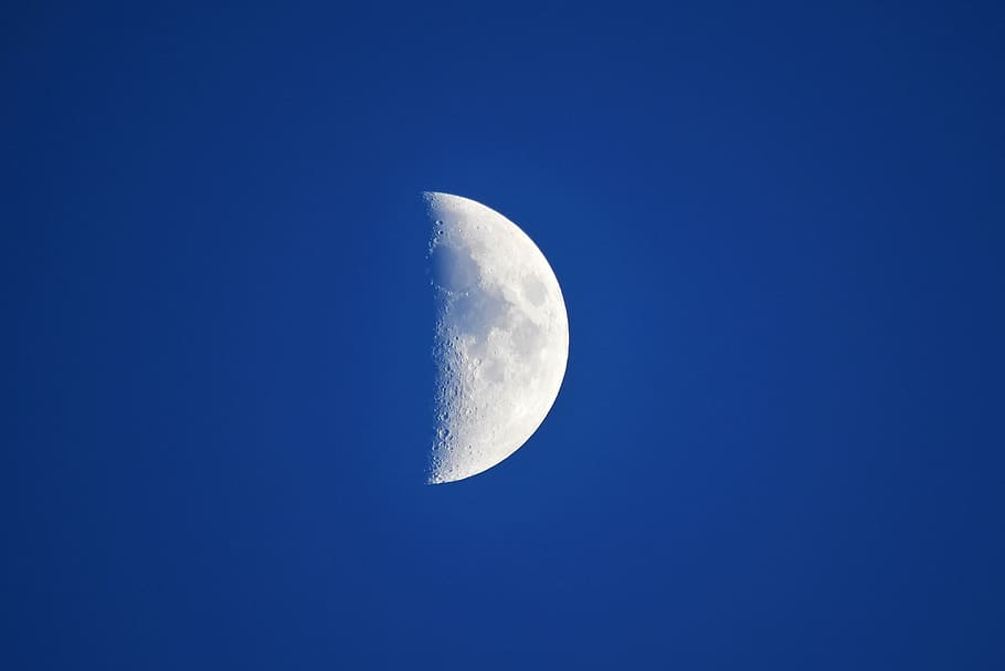 moon, sky, blue, half moon, space, mood, astronomy, night sky HD wallpaper