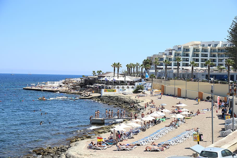 malta, sea, resort, water, beach, day, clear sky, architecture HD wallpaper