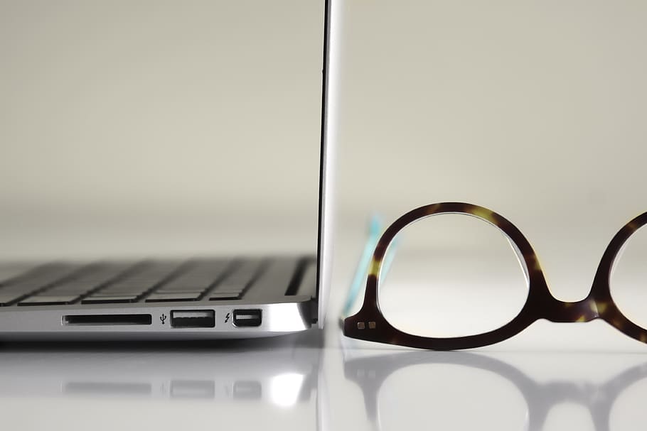 Black Framed Eyeglasses Beside Laptop Computer, apple, communication HD wallpaper