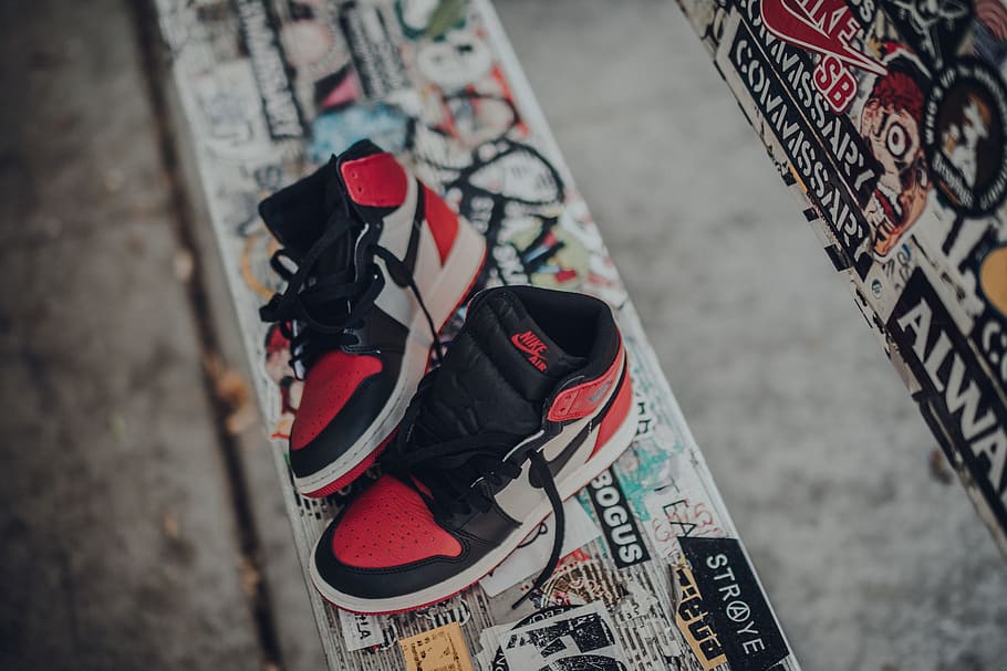 pair of Air Jordan 1's on bench, day, focus on foreground, high angle view, HD wallpaper