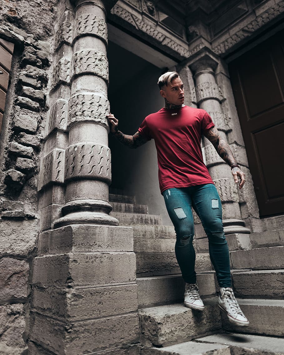 man standing in front of stair, person, ruin, ancient, pillar HD wallpaper