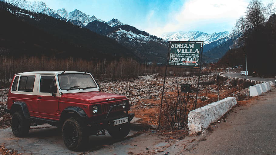 Red and White Suv, car, environment, landscape, mountain, outdoors HD wallpaper