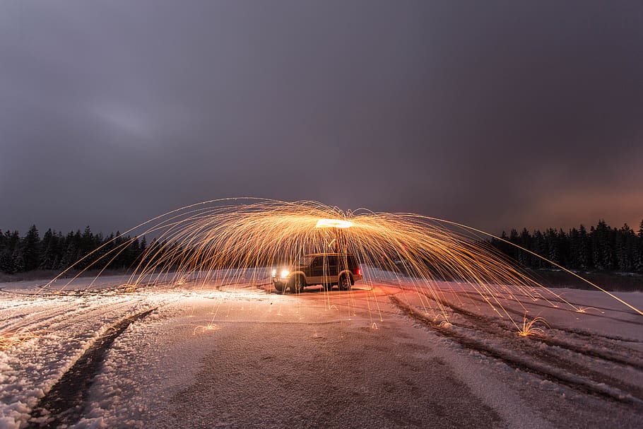 trees, snow, ice, runway, steel wool, montero, tahoe, illuminated HD wallpaper
