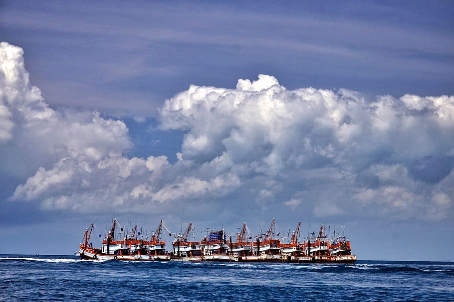 thailand, phi phi islands, sky, clouds, sea, boats, transportation HD wallpaper