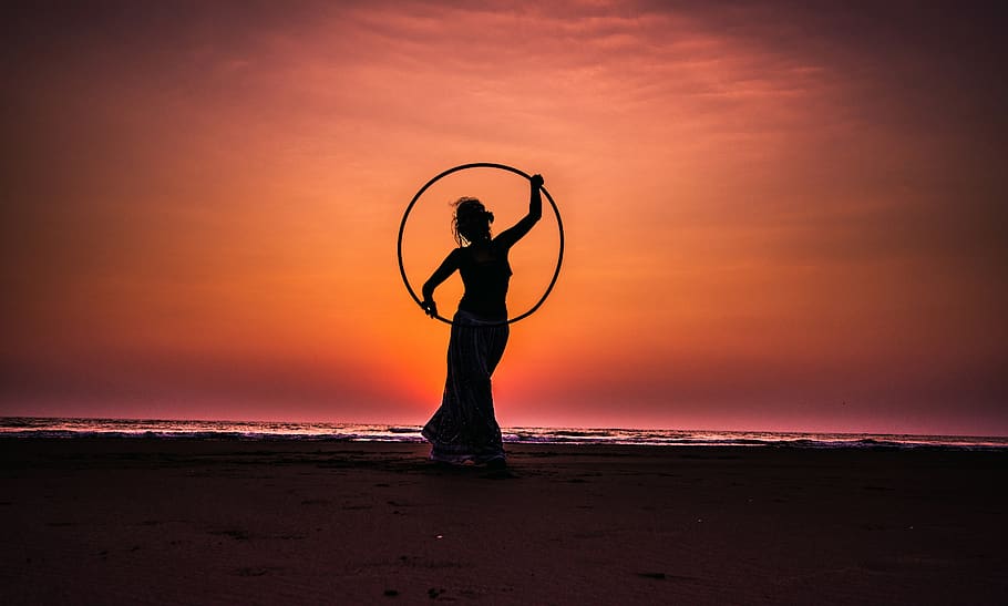 Silhouette Boy on Beach Against Sky during Sunset, backlit, body HD wallpaper
