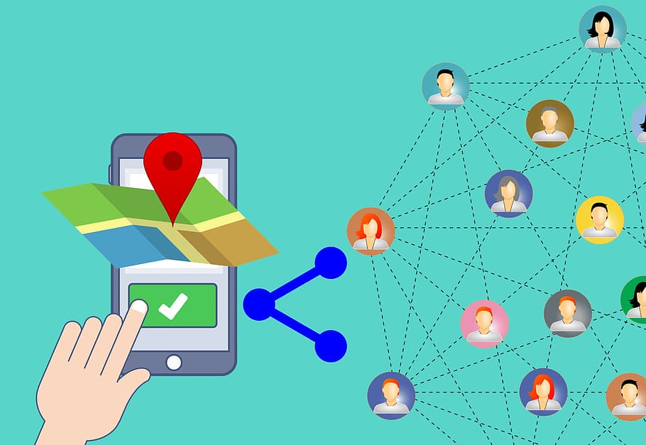 Illustration of sharing location on mobile device mapping application with social network or individual.