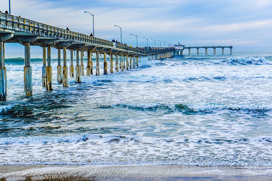 frothing waves beneath dock at beach, water, sea, architecture HD wallpaper