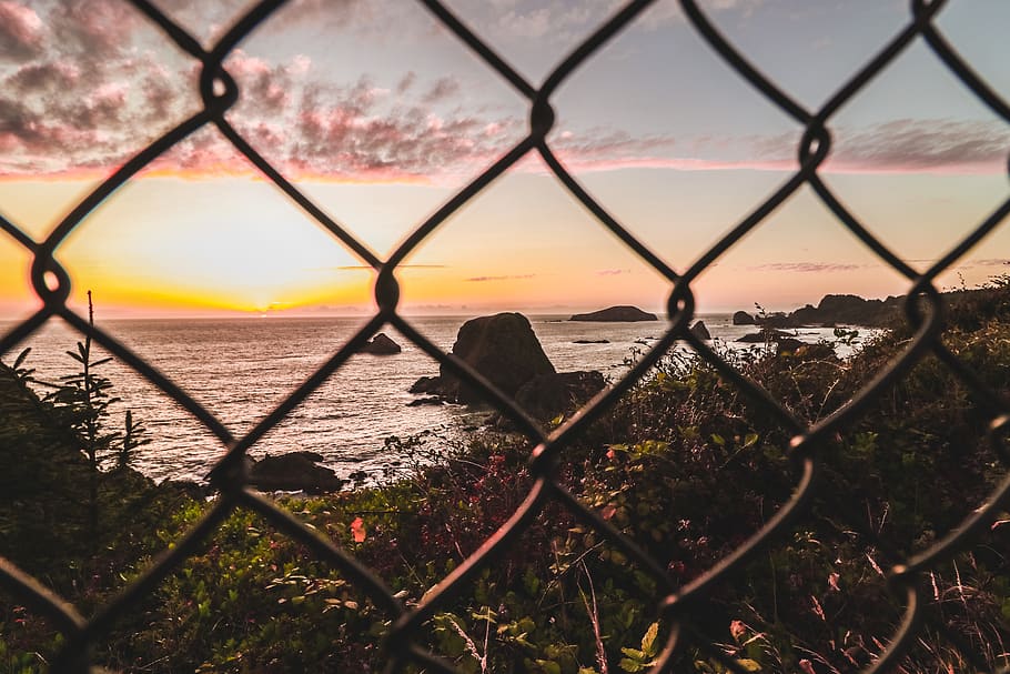 gray cyclone fence sunset, nature, outdoors, red sky, dusk, dawn HD wallpaper
