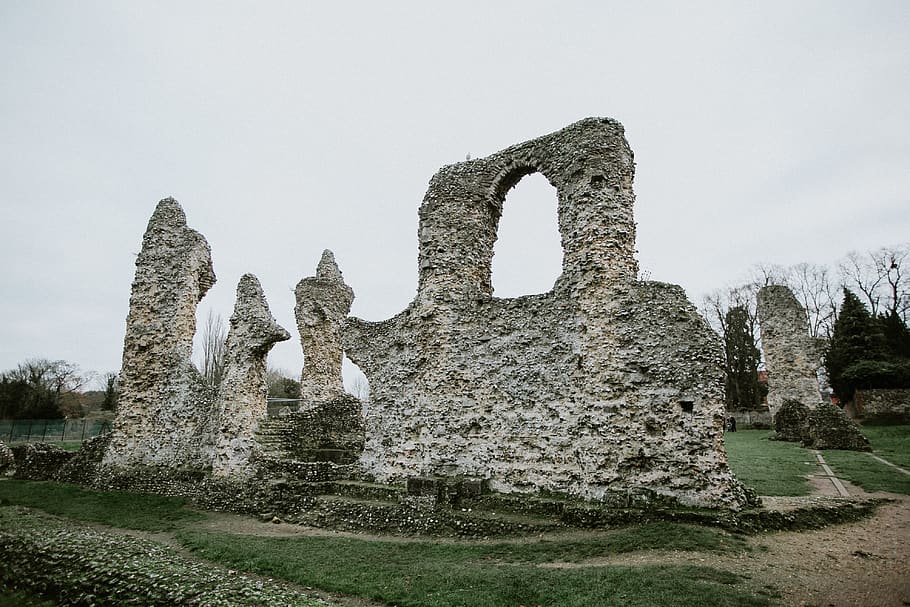 gray concrete arch, ruins, bury st edmunds, the abbey ruins, plant HD wallpaper
