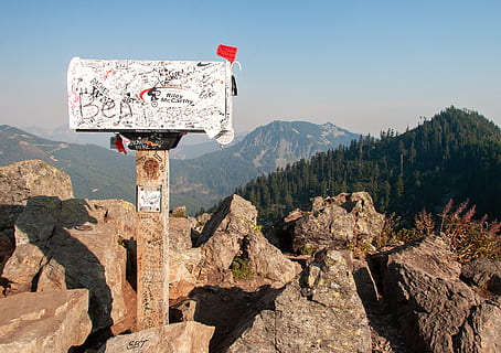 white mail box on mountain, rock, mountain range, forest, united states HD wallpaper