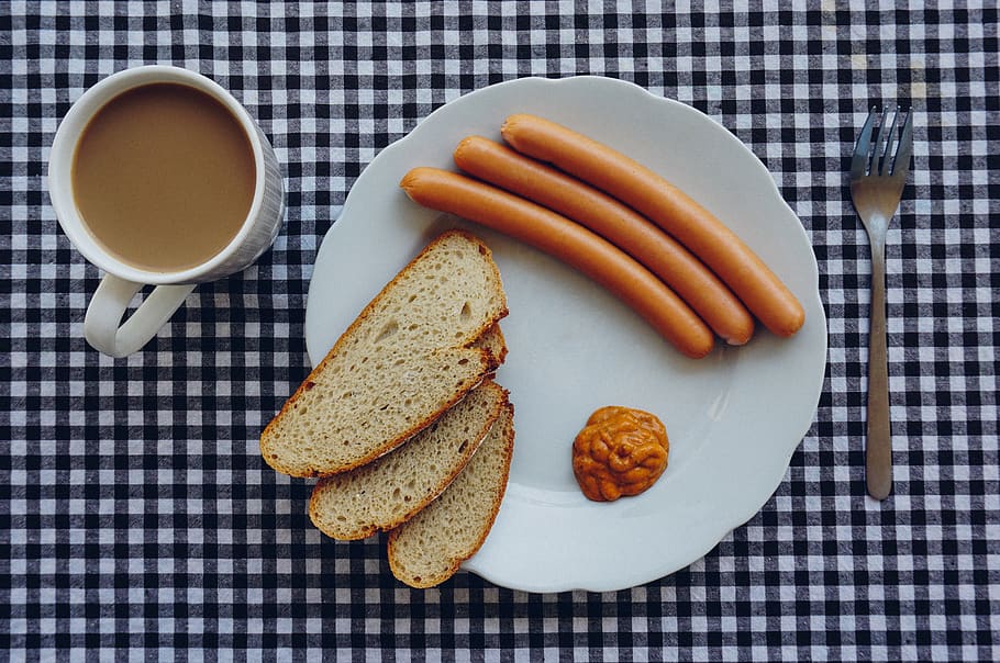 Sausages, Bread and Coffee on Table, cup, dinner, food, fork HD wallpaper
