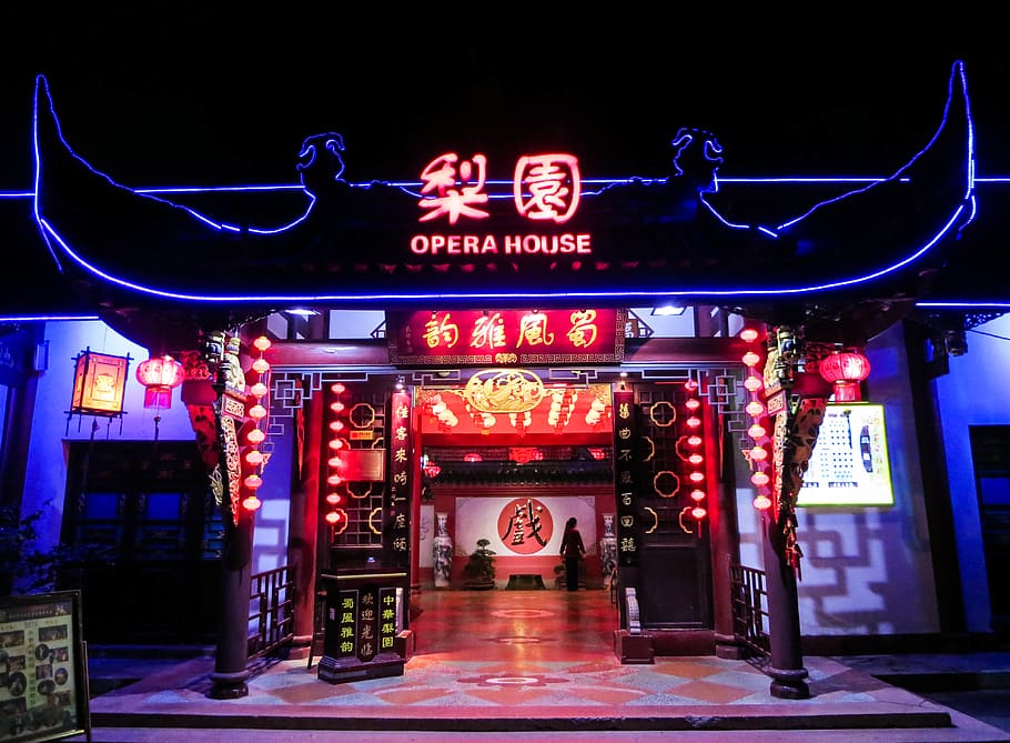 Opera house, lights, dark, night, entertainment, neon, signs HD wallpaper