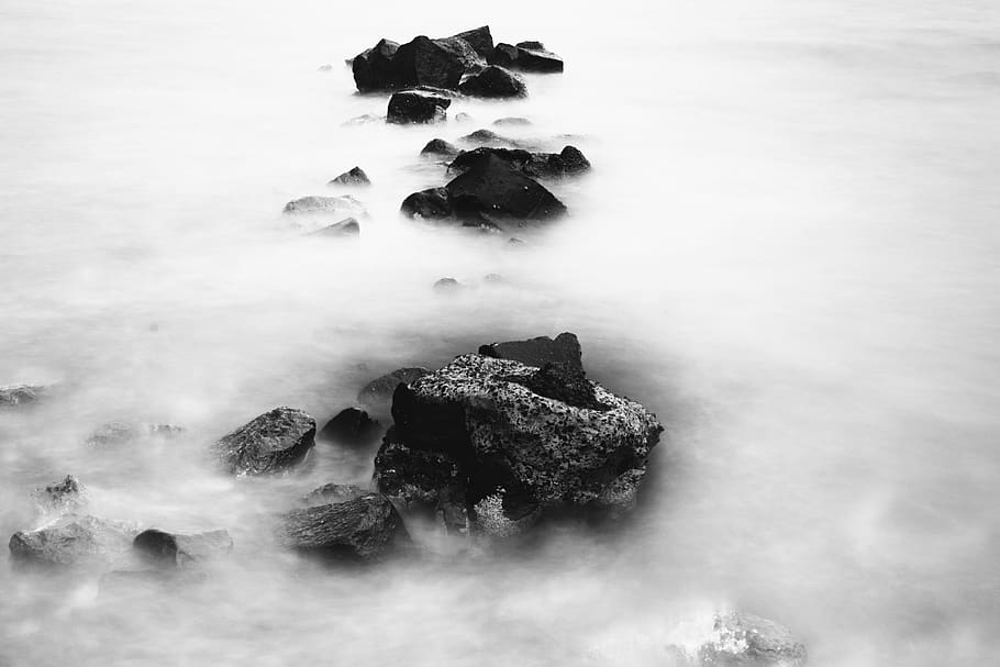 gray rock, weather, nature, outdoors, fog, mist, water, ocean HD wallpaper