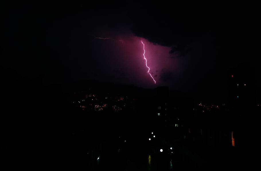 medellín, colombia, thunderstorm, city, lightining, city night, HD wallpaper