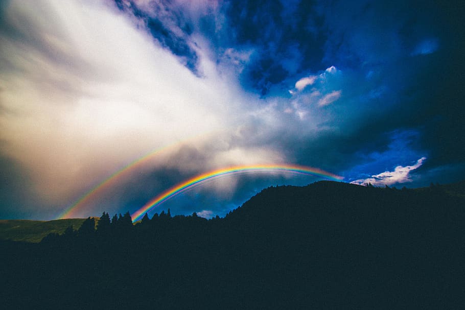 rainbow, sky, clouds, storm, landscape, mountains, nature, silhouette HD wallpaper