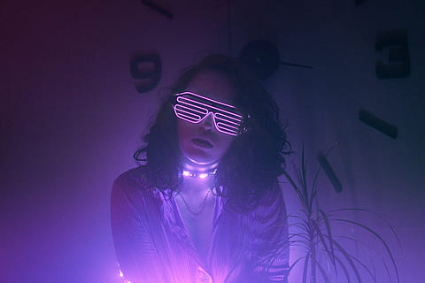 person, human, light, flare, purple, glasses, plant, cyber HD wallpaper