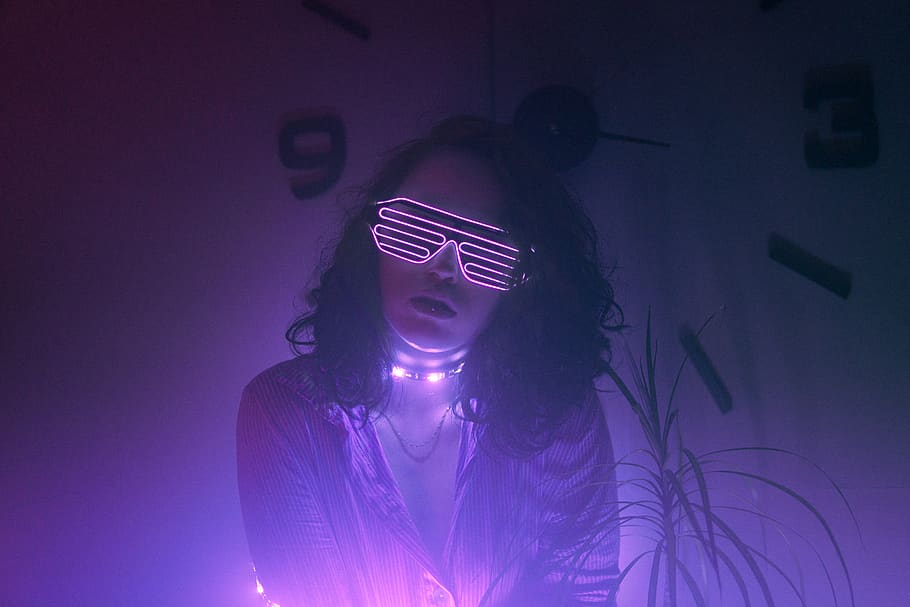 person, human, light, flare, purple, glasses, plant, cyber HD wallpaper