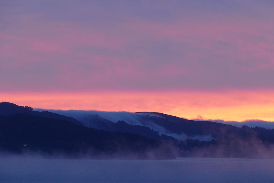 fog, sunset, mountain, sky, scenics - nature, beauty in nature HD wallpaper