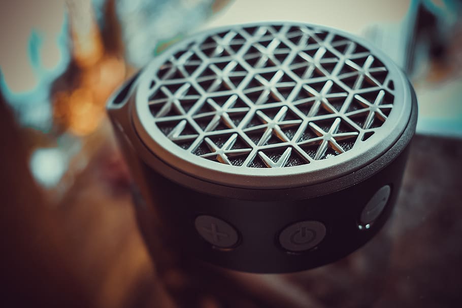 round gray portable speaker, wristwatch, electronics, microphone HD wallpaper