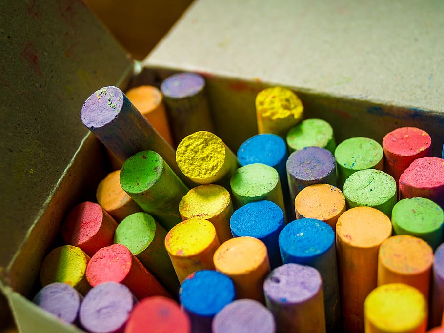 Close-up of Crayons Inside Box, background, blue, bright, chalk HD wallpaper