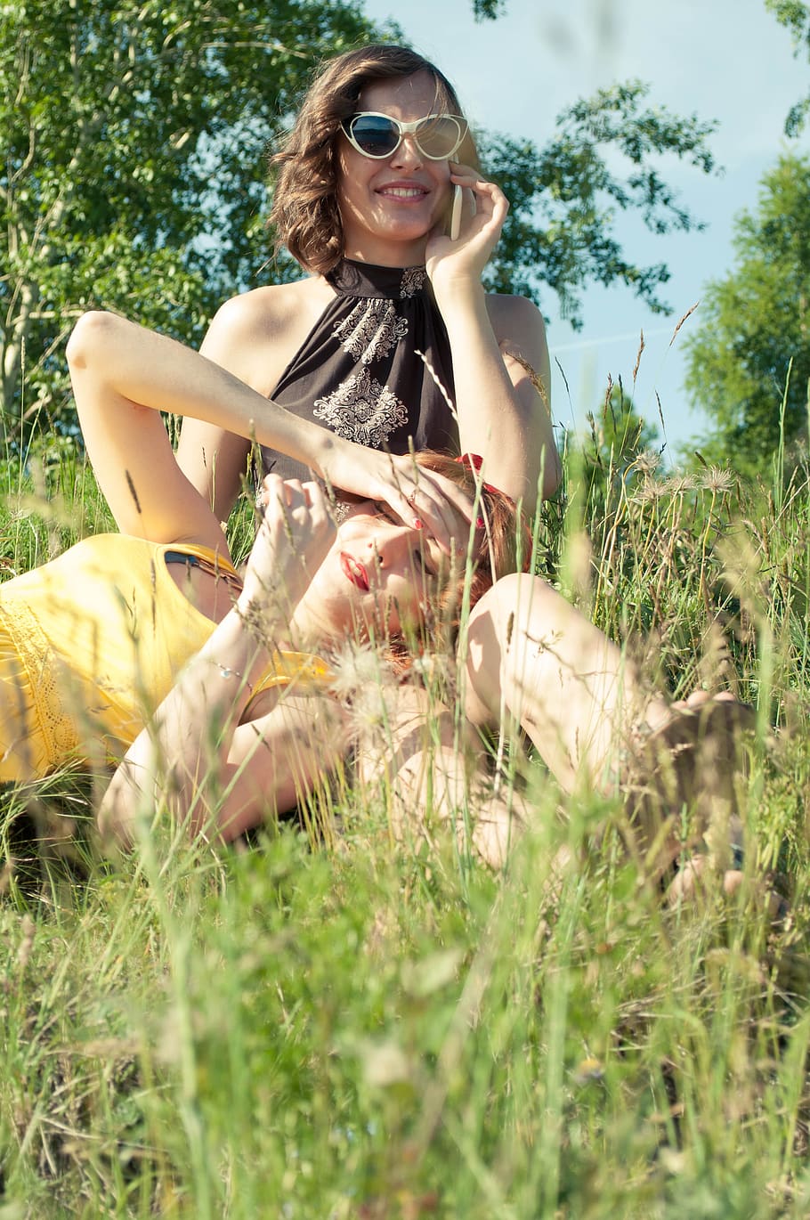Two Woman on Green Grass during Day Time, beautiful, friends HD wallpaper