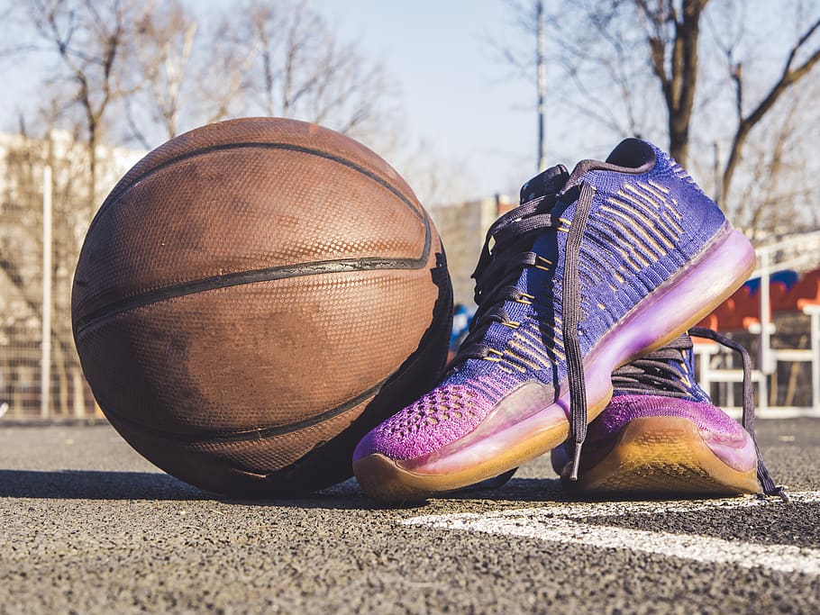 Close-Up Photography of Shoes Near Ball, 4k wallpaper, basketball, HD wallpaper