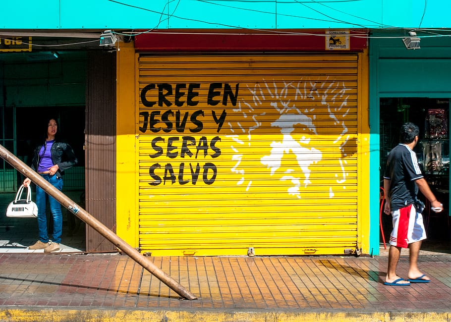 chile, antofagasta, street, jesus, real people, yellow, text, HD wallpaper