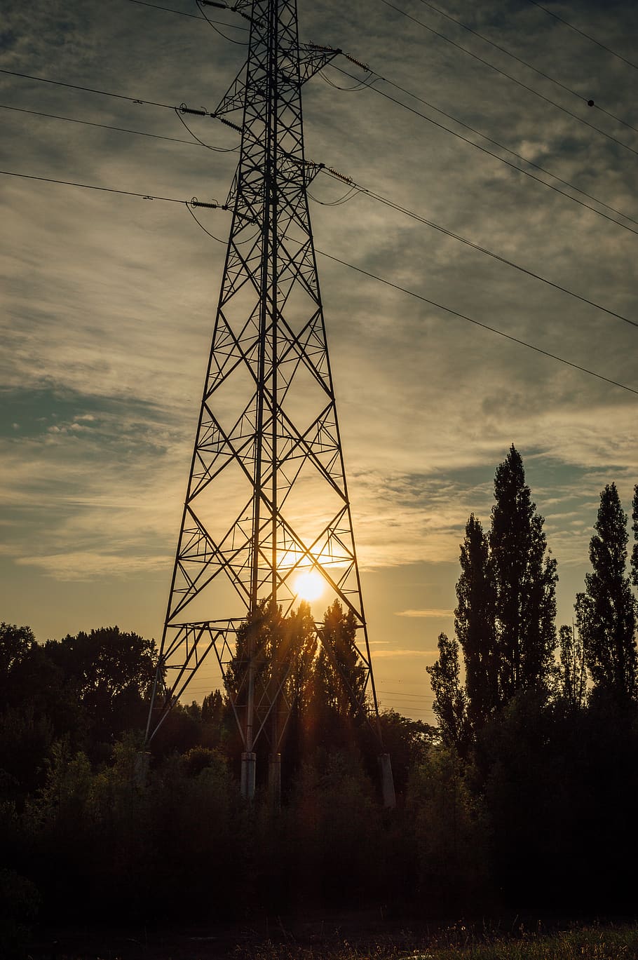 cable, utility pole, power lines, sunset, electric transmission tower