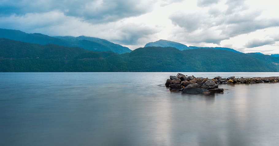 norway, sand, trees, forest, lake, suldal, mountains, long exposure HD wallpaper